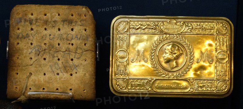 Army ration biscuit and dog tags of Sgt. E. Harper, Royal Warwickshire Regiment