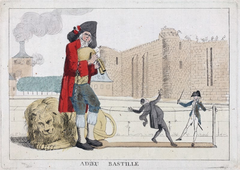 Adieu Bastille. Published 1789. etching, hand-coloured.
