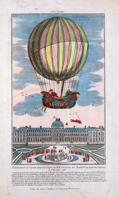 Jacques Alexandre César Charles and Marie-Noël Robert riding in the gondola of a balloon ascending from the Tuileries Garden, Paris, France, December 1, 1783 in the first hydrogen balloon flight.