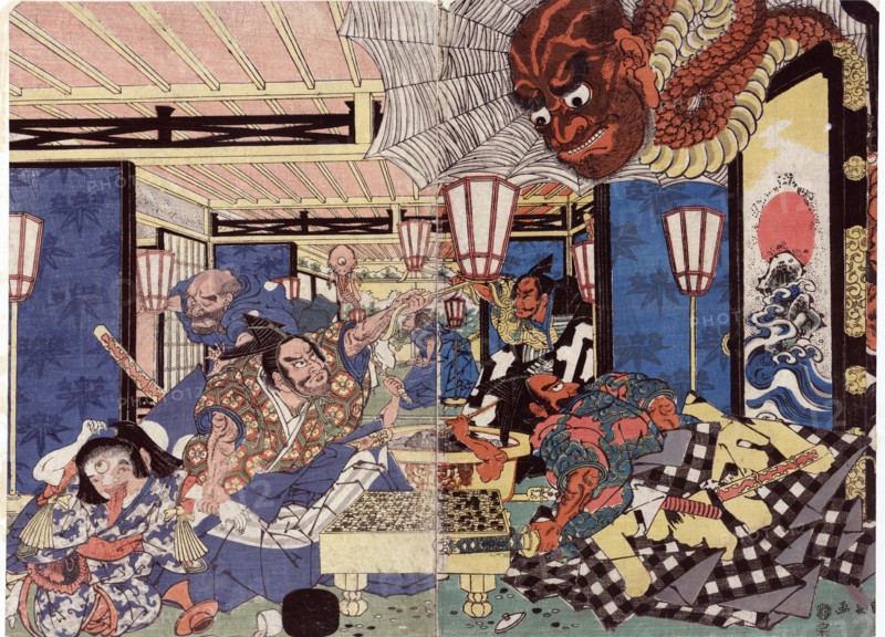 Raiko Shitenno [Minamoto Yorimitsu] and the earth spider.by Kuninaga Utagawa