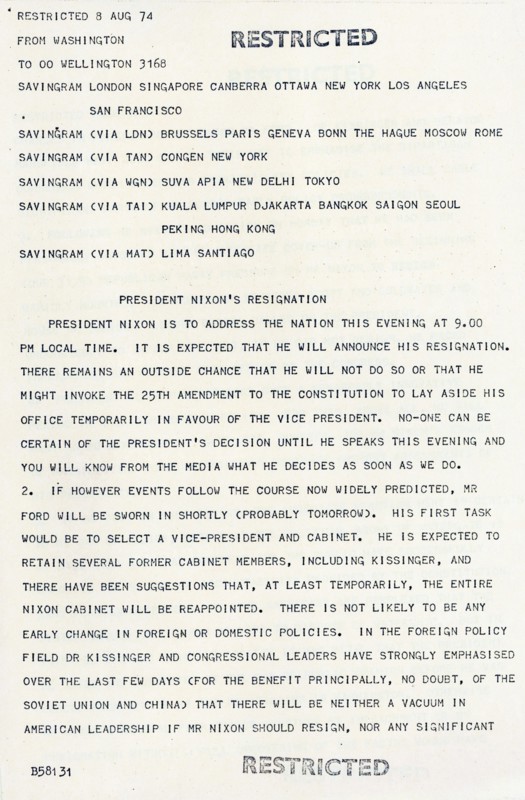 telegram to US Embassies announcing the resignation of US President Richard Nixon in 1974