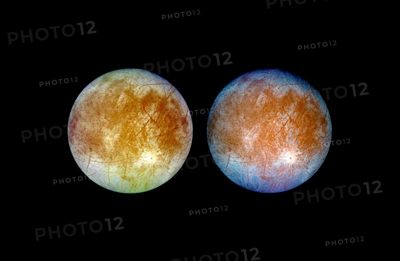 two views of Jupiter's ice-covered satellite, Europa.