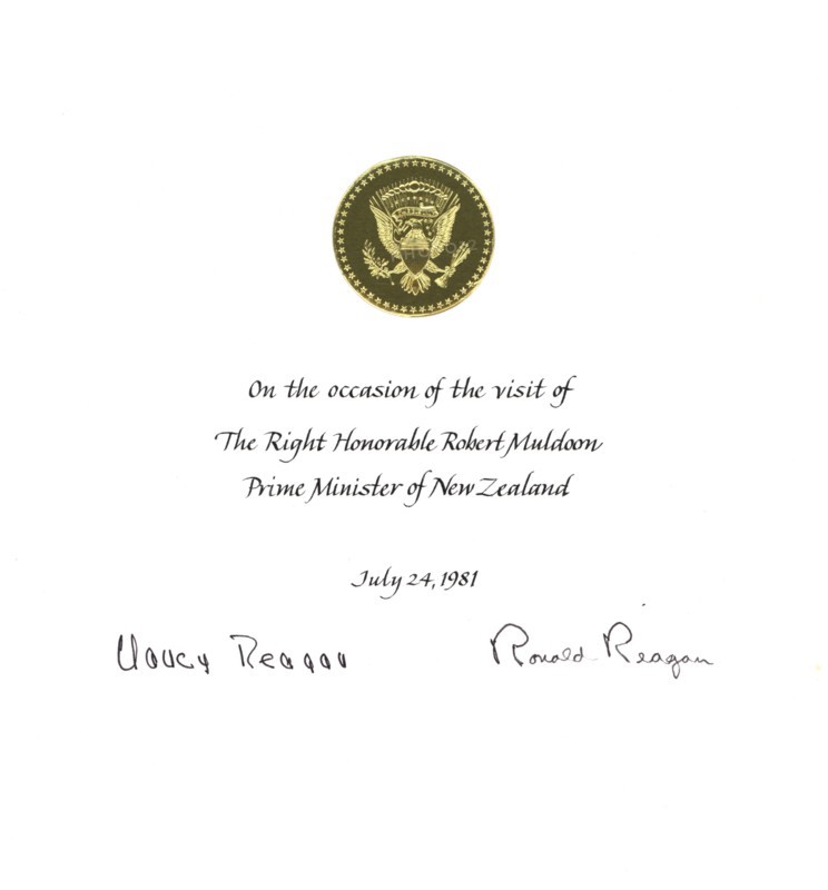 A certificate commemorating Prime Minister Robert Muldoon's visit with President Ronald Reagan and First Lady Nancy Reagan