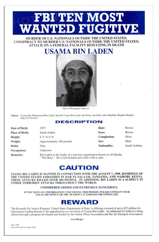 Top Ten Most Wanted notice issued by the FBI for Osama Bin Laden