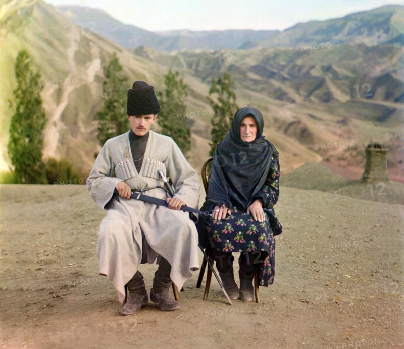 Colour photograph of a man and woman in Dagestan photographed by Sergey Mikhailovich Prokudin-Gorskii