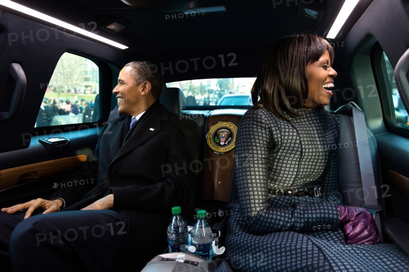 Photograph of President Barack Obama and First Lady Michelle Obama riding in the Presidential limo