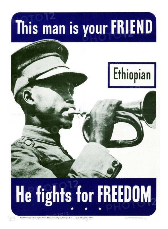 Patriotic Second World War poster depicting a Ethiopian US ally
