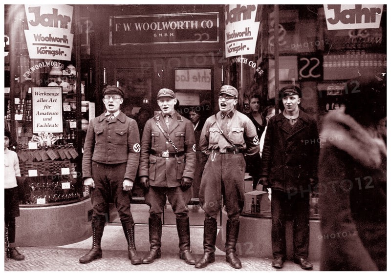 Photograph of Nazis singing to encourage a boycott of the allegedly Jewish-founded Woolworths