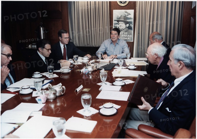 Photograph of President Ronald Reagan holding a National Security Council Meeting on the TWA hijacking