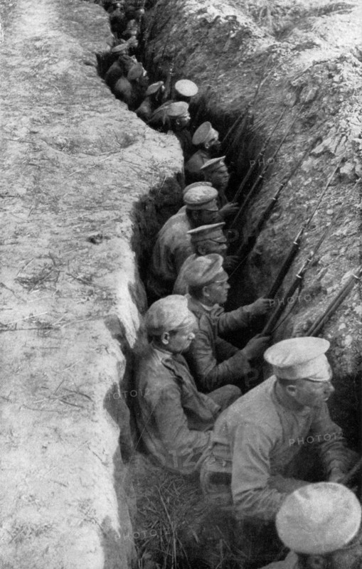 Russian soldiers in a trench during world war one 1916
