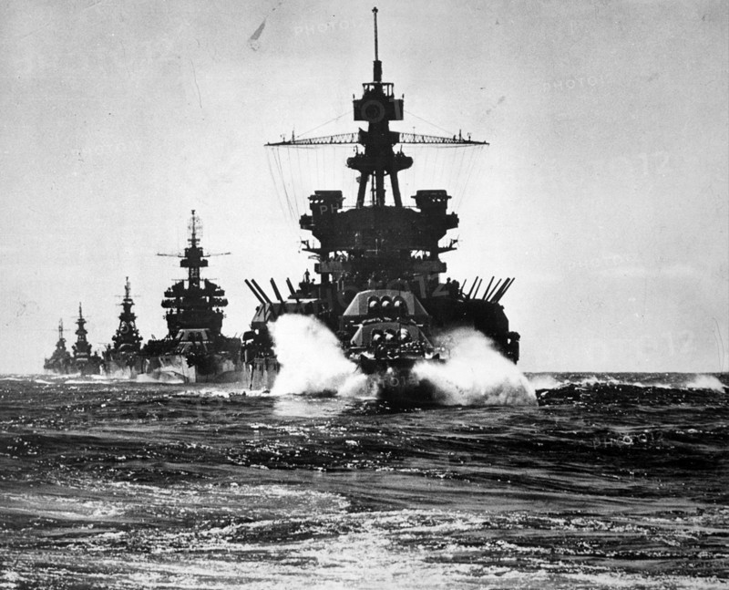 USS Pennsylvania followed by three cruisers in the Philippines, during World War two. 1945