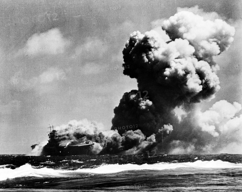 World war two: USS Wasp CV 7, burning after being hit by Japanese torpedoes 1942