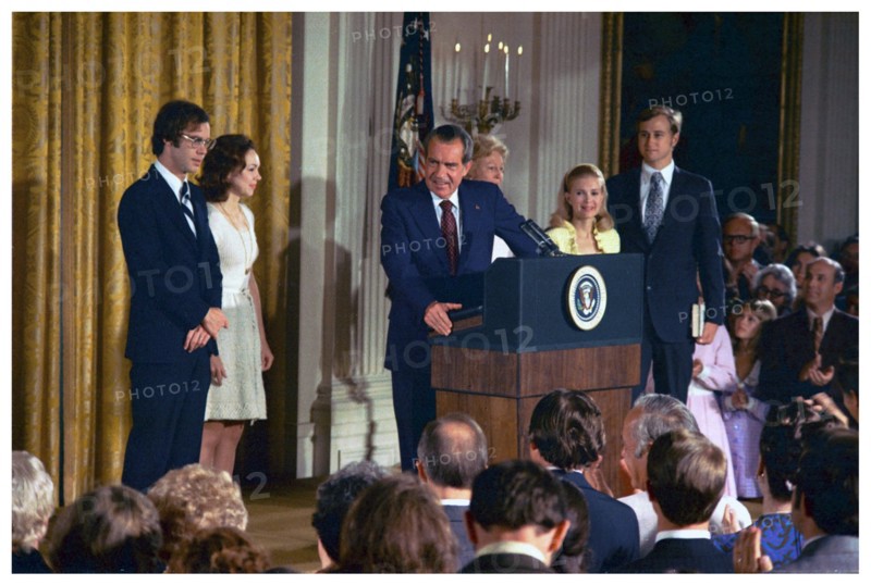 President Richard Nixon announces his resignation as President, following the Watergate scandal