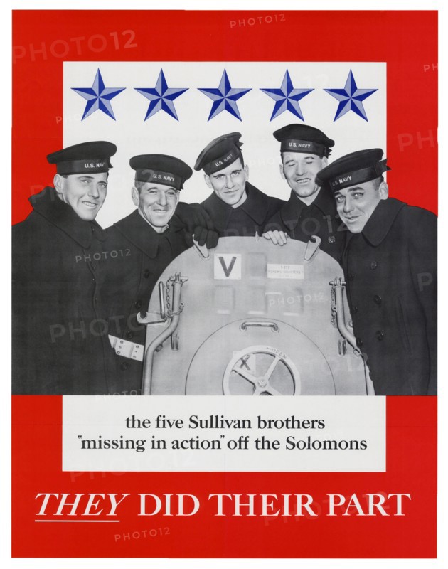 Patriotic American war poster concerning five brothers missing in action, during World war Two. 1943