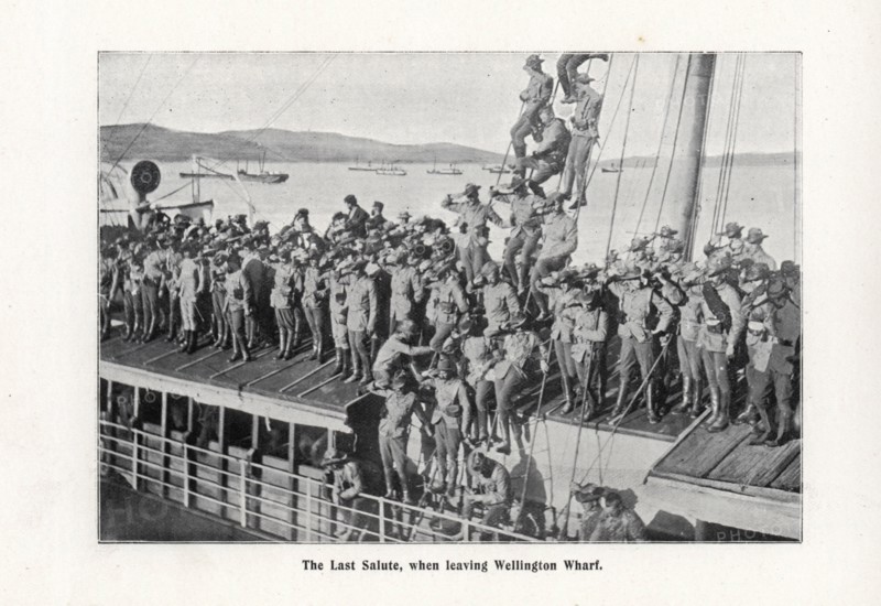 The Last Salute, when leaving Wellington Wharf, New Zealand for the boer war in South Africa 1900