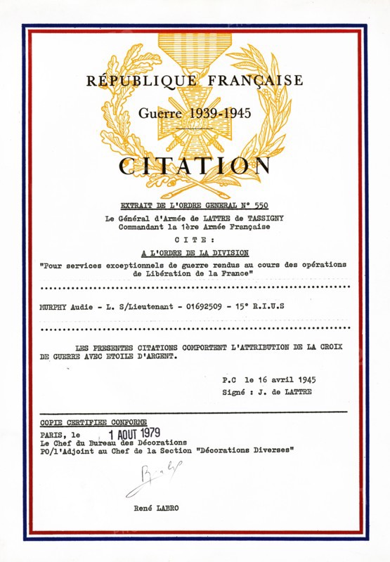Certificate confirming the award to Audie Murphy by France, of the Croix de guerre