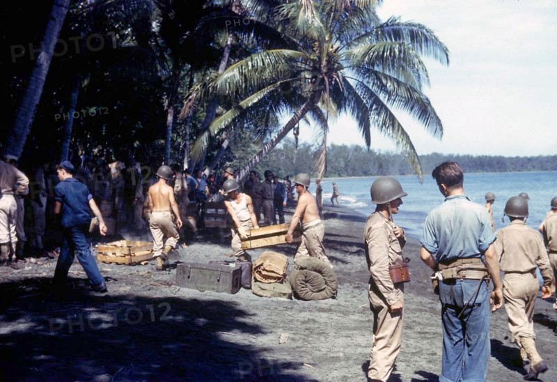 American troops unloading supplies on the shores of Guadalcanal Island.