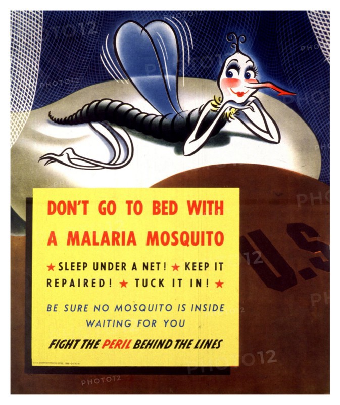 World War Two US propaganda poster 'Don’t go to Bed with a Malaria Mosquito'