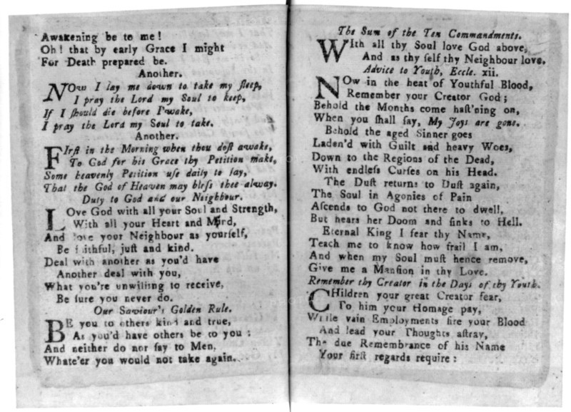 The New England Primer Improved, 1773, children's prayers