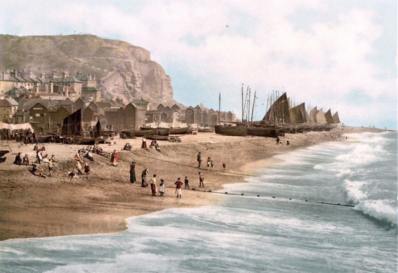 East Cliff, with beach and fish market, Hastings, England