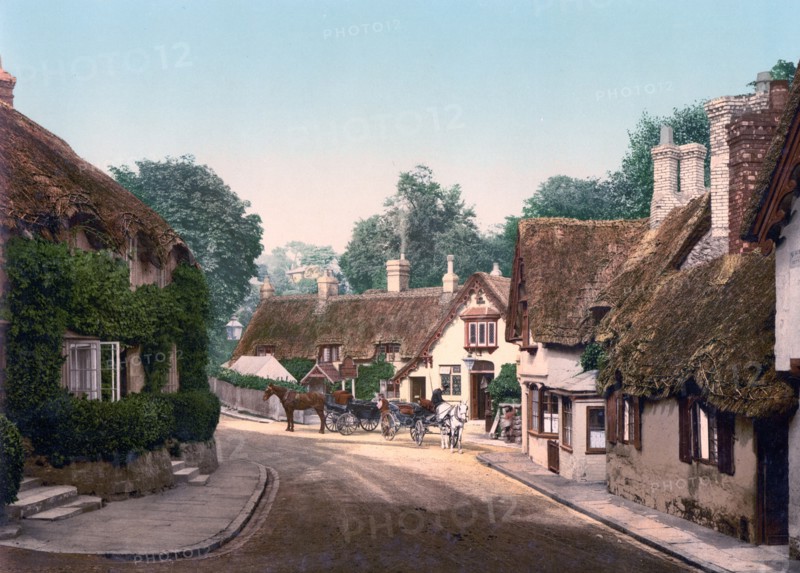 thatched houses and horse drawn carriages in Shanklin, old village
