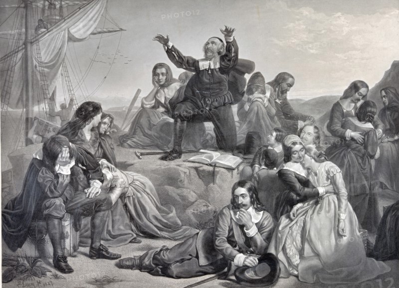 Illustration of the departure of the pilgrim fathers, for America