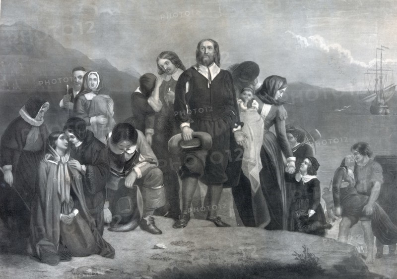 Illustration of the departure of the pilgrim fathers, for America
