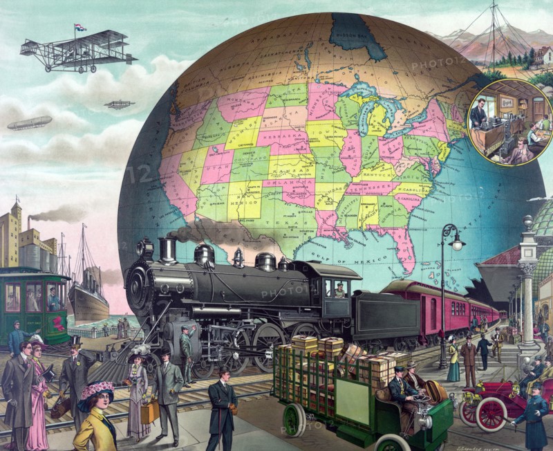 Colour illustration depicting 20th Century transportation by E.S. Yates