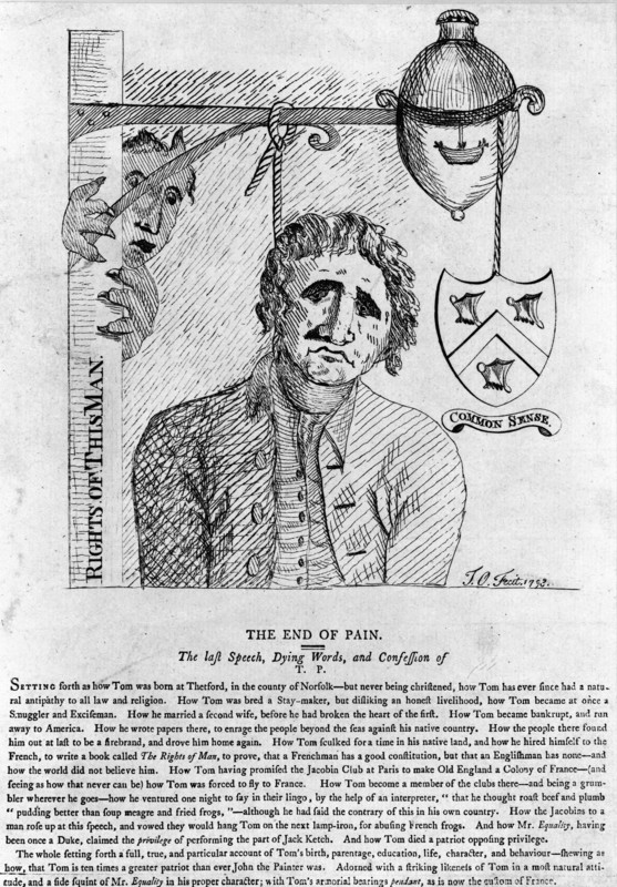 Engraving depicts dying words and confession of Thomas Painev