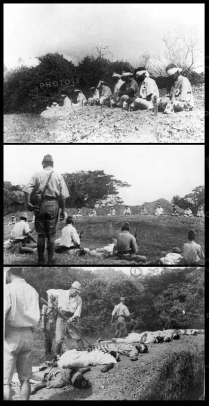 Photograph of Japanese troops using Indian PoWs for target practise
