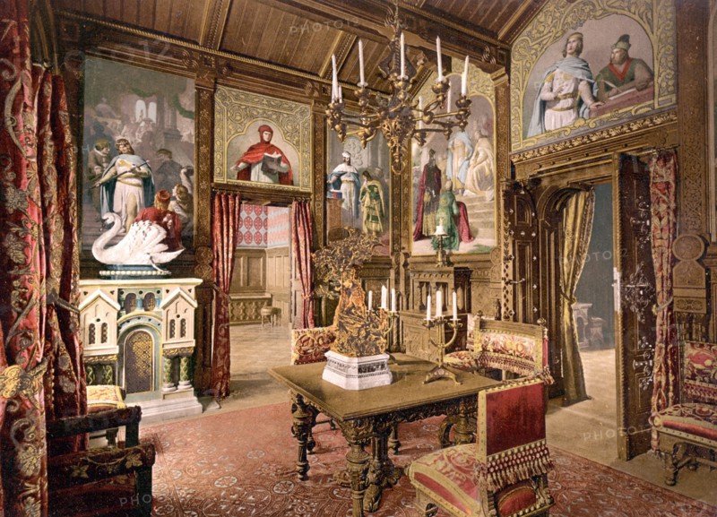 Photograph of the dining room in Neuschwanstein Castle, Upper Bavaria, Germany