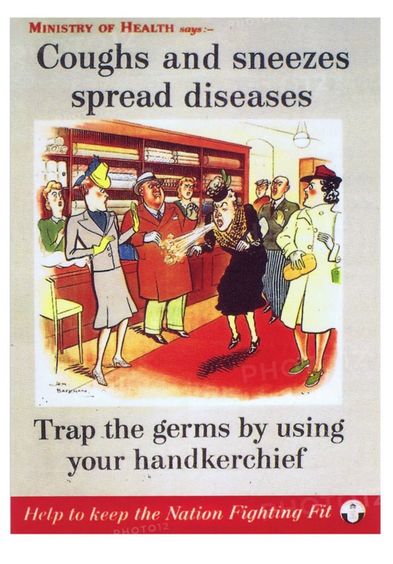 Poster commissioned by the Ministry of Health advising people to contain their germs by using a handkerchief