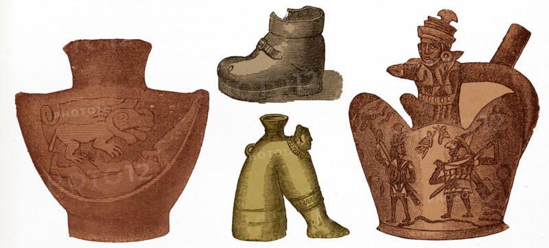 Peruvian Inca pottery artefacts drawn in 19th Century