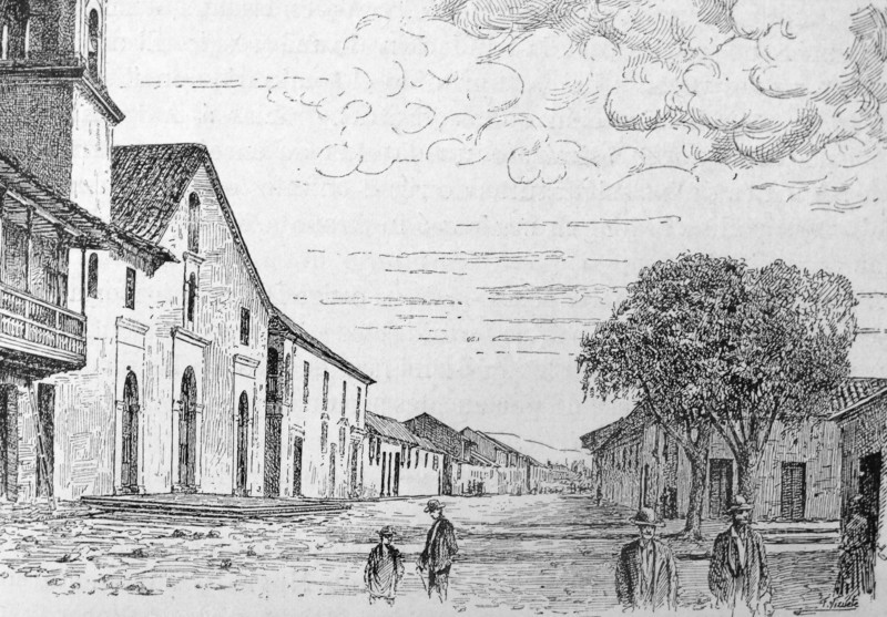 Engraving depicts the Parish Church and old cass of the Viceroys in Bogotá