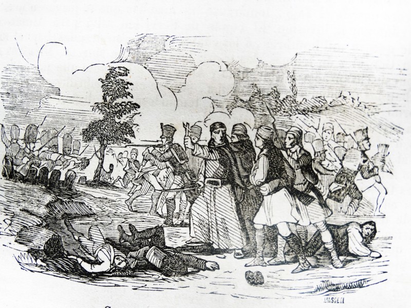 Engraving depicting the battle of Cabrillas