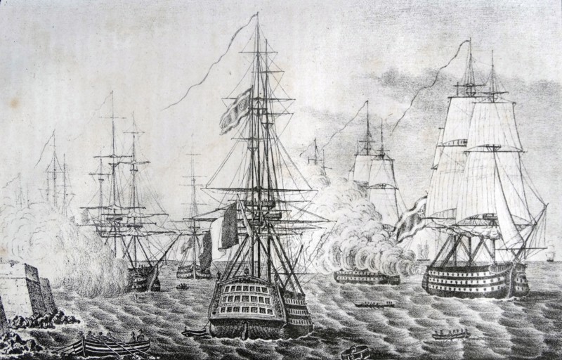 Engraving depicts the surrender of the French fleet anchored in Cadiz