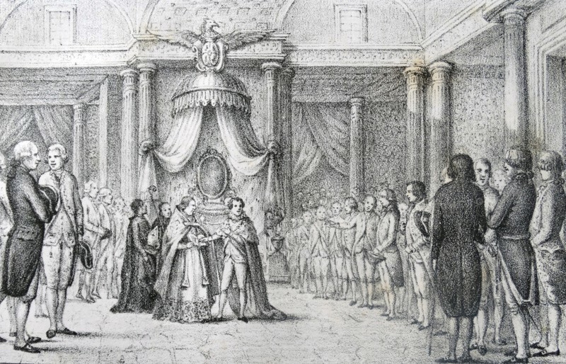 Illustration depicting King Joseph Napoleon swearing on the Constitution of Bayonne