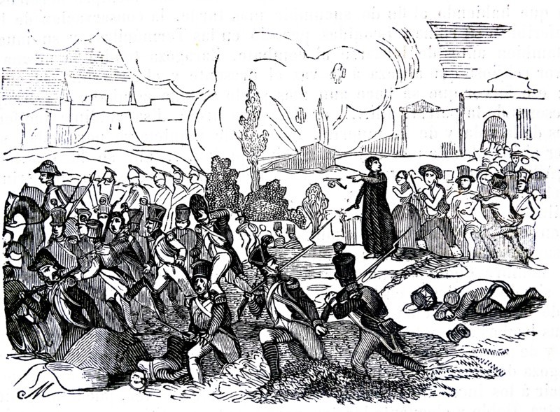 Engraving depicting the French raising the siege of Zaragoza