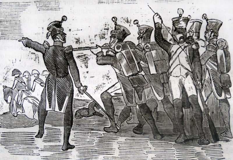 Engraving depicting French soldiers attacking during the Peninsular War