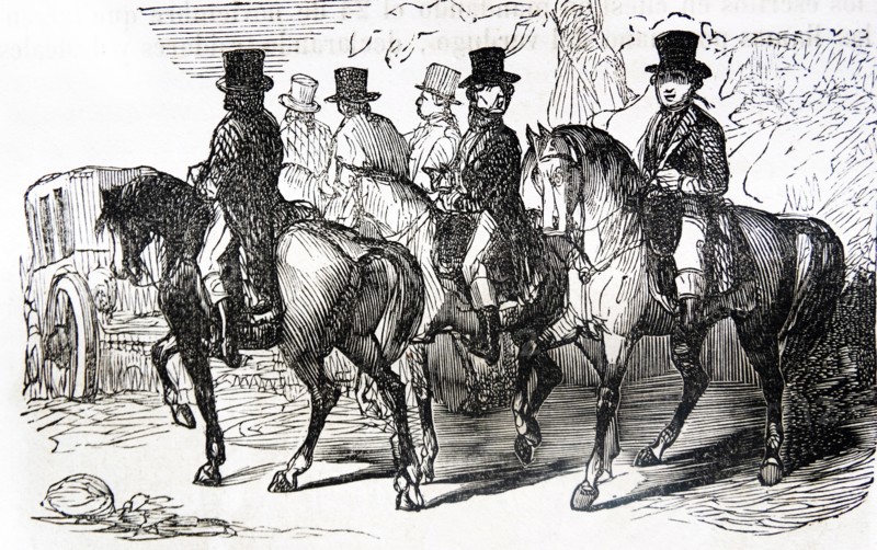 Engraving depicts men leaving central Aranjuez on horseback
