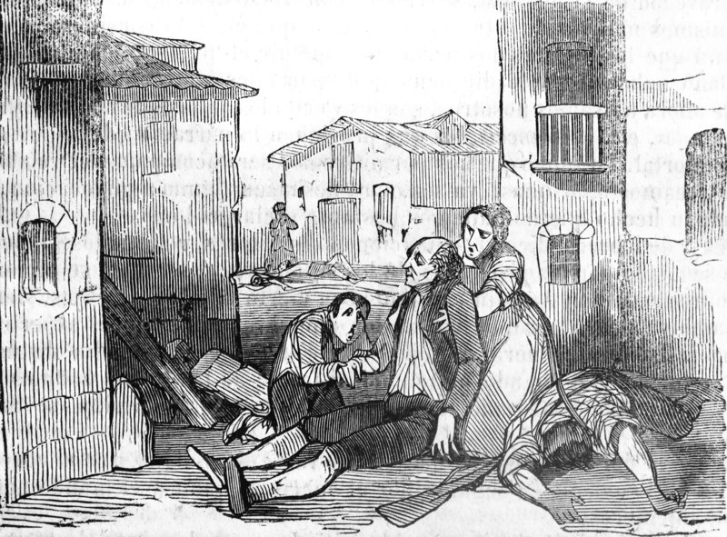 Engraving depicting the epidemic breakout in Zaragoza