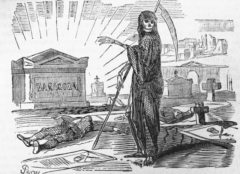 Engraving depicting the Grimm Reaper in Zaragoza during the Peninsular War