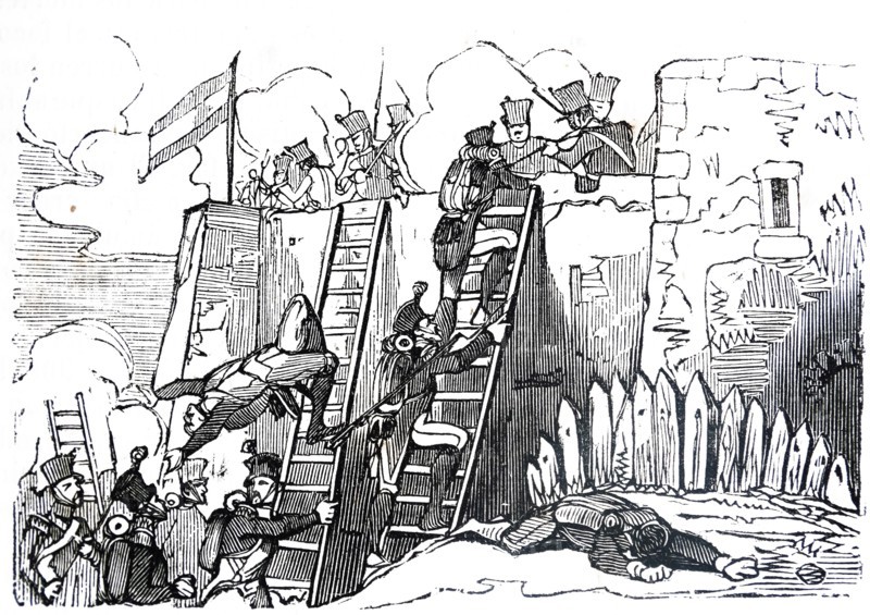 Engraving depicting the assault on Monjuich during the Peninsular War