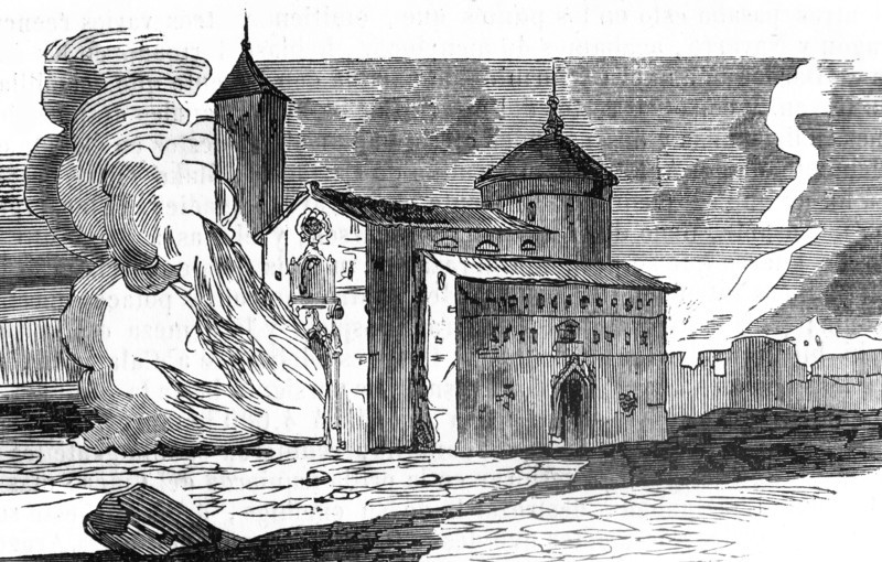 Engraving depicts the burning of San Juan de la Peña