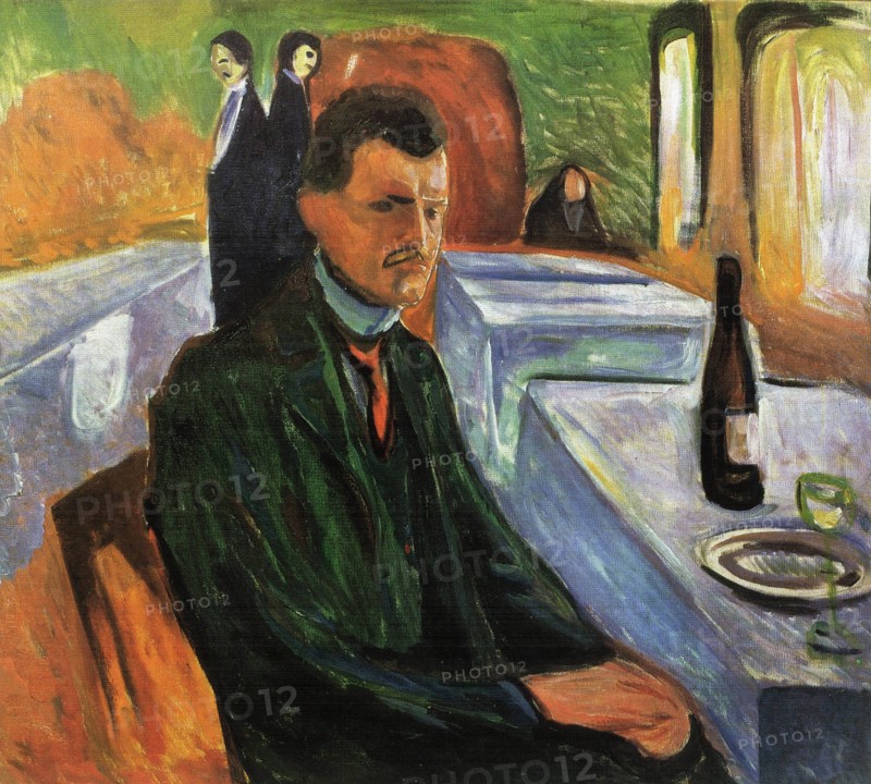 Painting titled 'Self Portrait in a Wine Bottle' by Edvard Munch