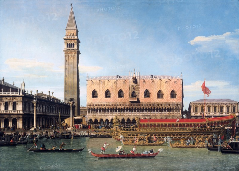 Painting titled 'The Bucintoro at the Molo on Ascension Day' by Giovanni Antonio Canal