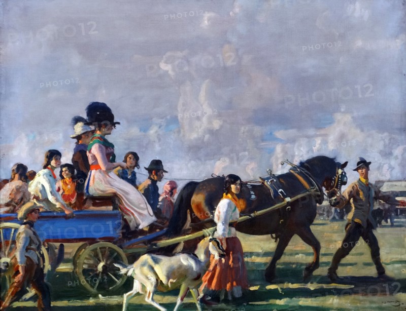 Alfred Munnings (1878-1959) Arrival at Epsom Downs for Derby Week, 1920. Oil on canvas