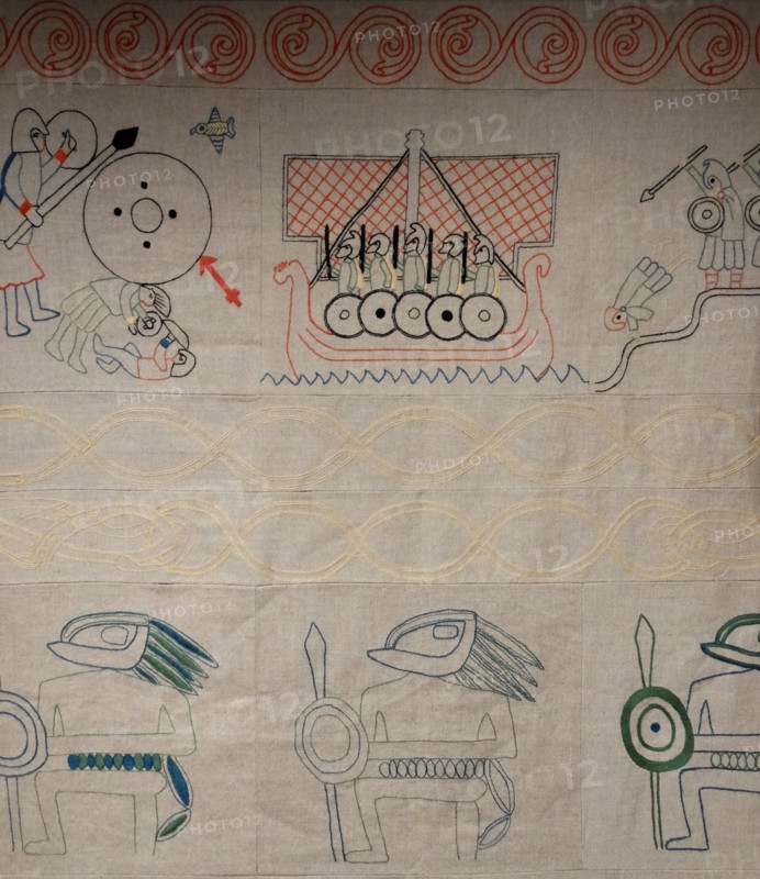Anglo-Saxon (recreation) wall hanging showing ships and soldiers, English 8th Century