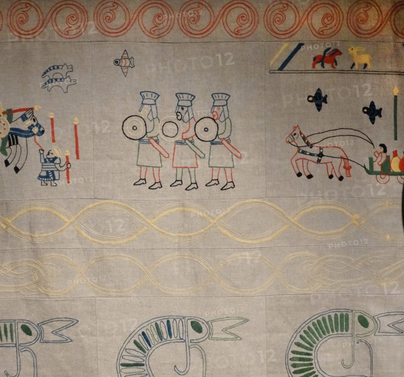 Anglo-Saxon (recreation) wall hanging showing soldiers, English 8th Century