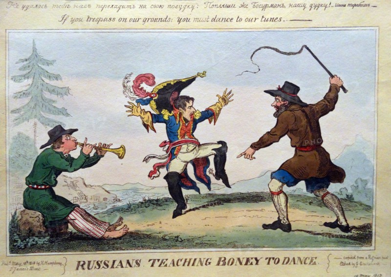 Hand-coloured etching titled 'Russians Teaching Boney to Dance' by Ivan Ivanovitch Terebenev